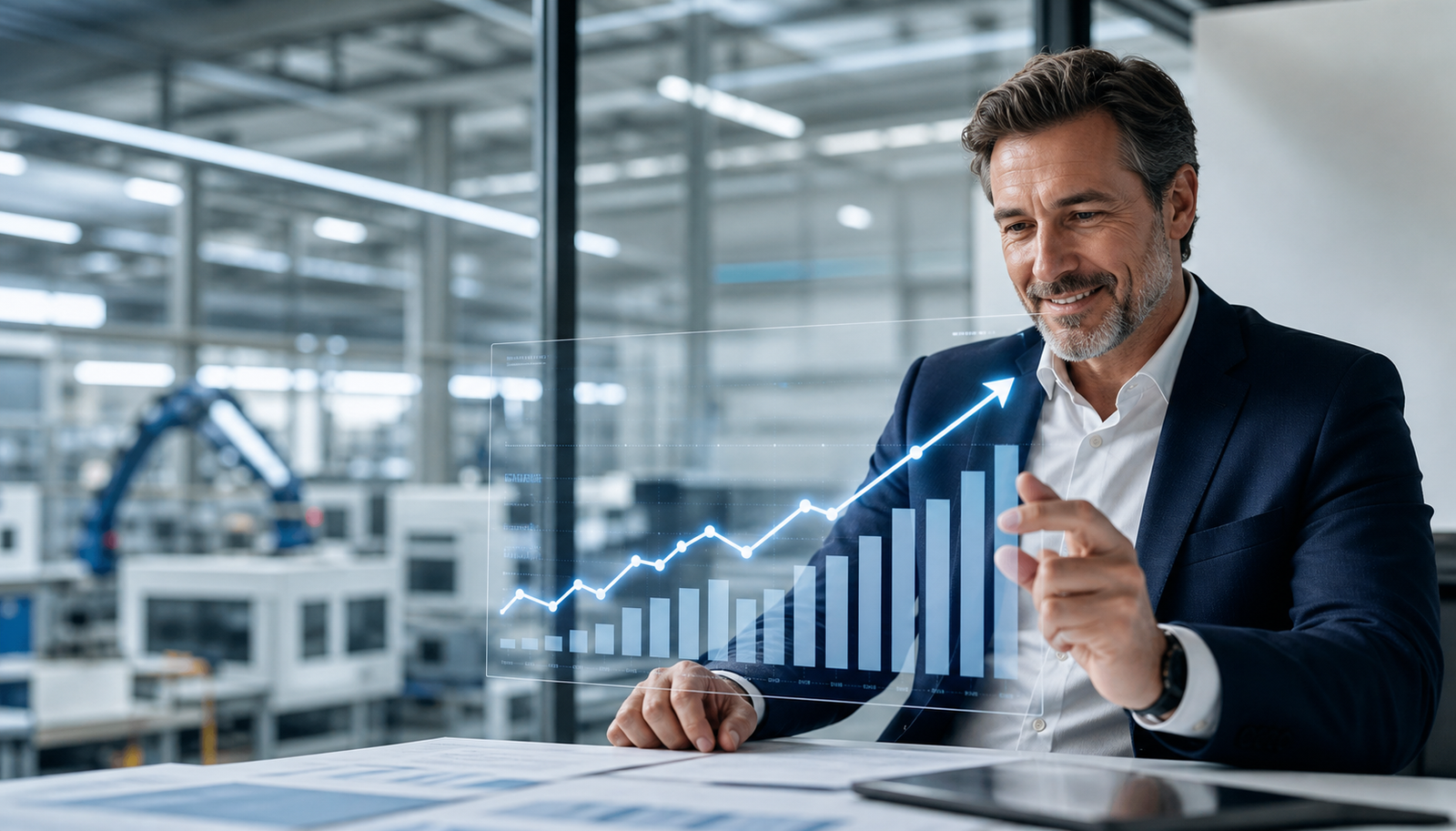 Responsable industrial revisando un gráfico de crecimiento y conversiones