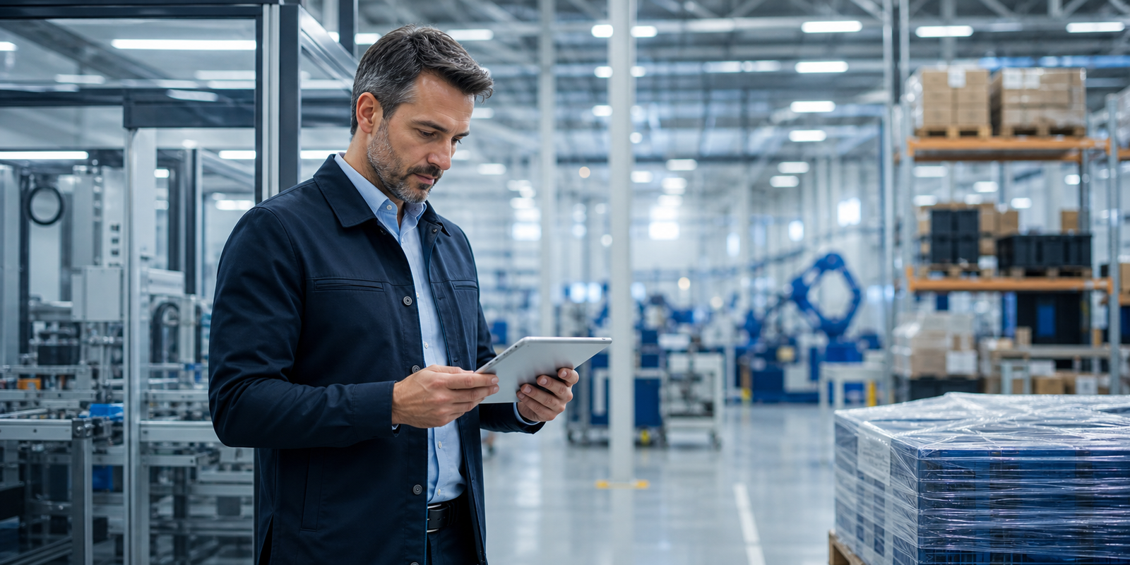 Responsable técnico revisando datos en una planta industrial moderna